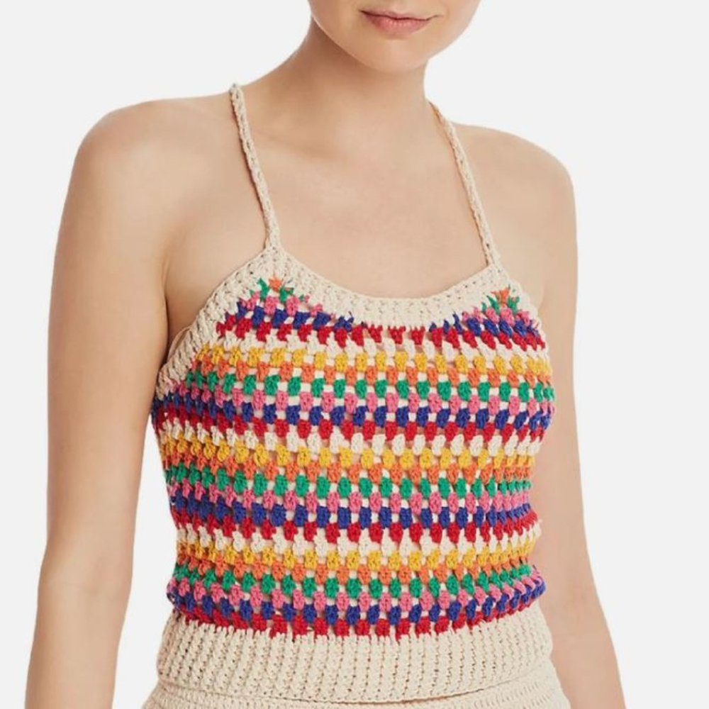 Aqua Multicolor Crocheted Halter Tank Top - Cream Base